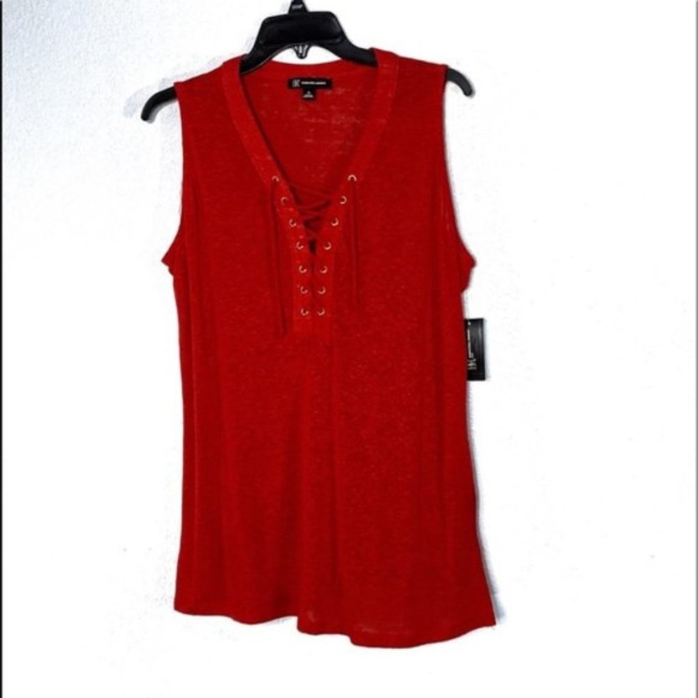 NWT INC Plus Linen Blend Lace-up Tank Top …